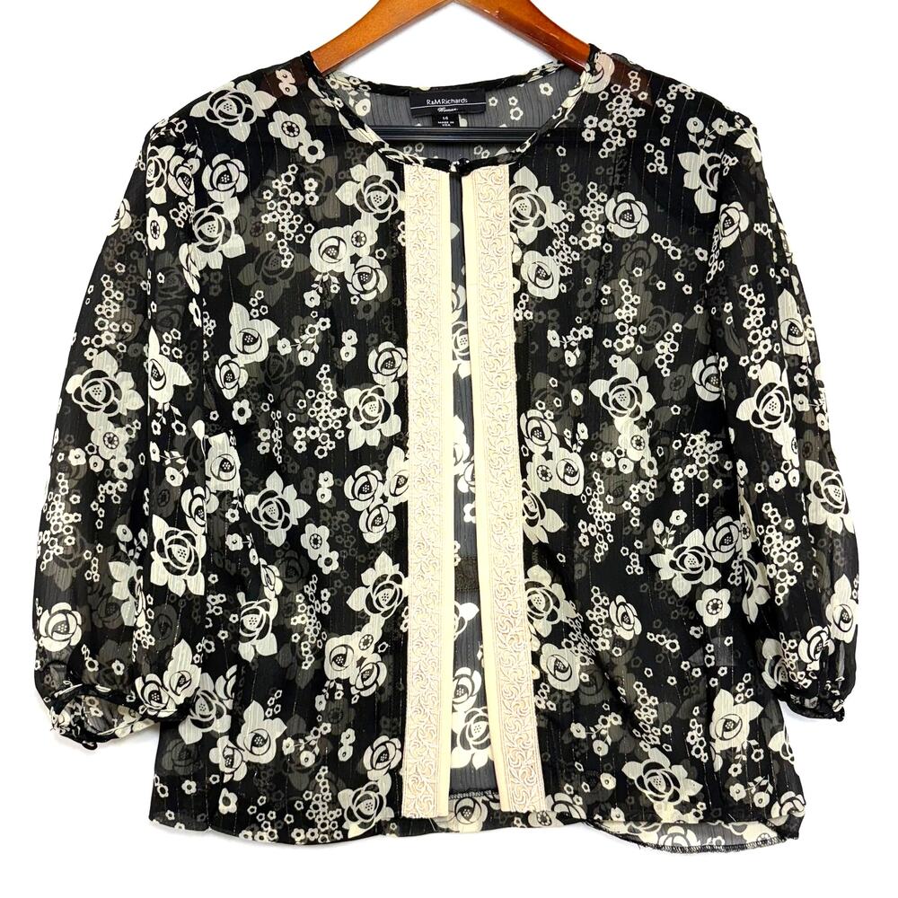 VTG R&M Richards‎ 14 Plus Floral Sheer 3/4 Sleeve Top Open Embroidered Grandma